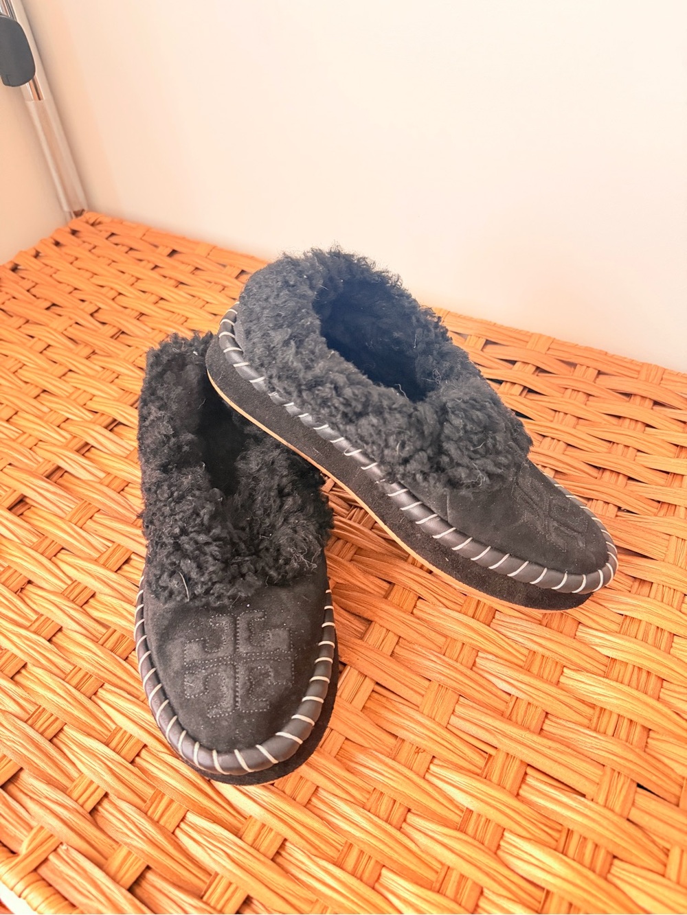 Tory Burch Black Faux-Shearling Moccasin Slippers